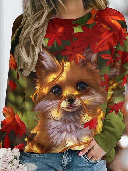 

Women Funny Fox Maple Leaf Raglan Sleeve Loose Crew Neck Sweatshirt, As picture, Hoodies&Sweatshirts