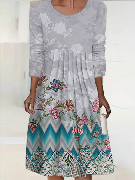 

Casual Floral Regular Fit Crew Neck Dress, Gray, Dresses