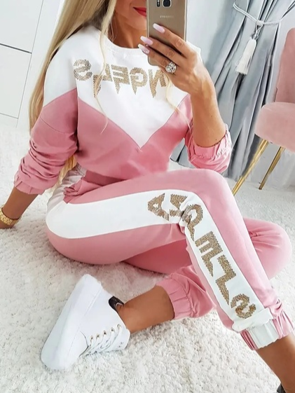 

Crew Neck Casual Text Letters Two-Piece Set, Pink-white, Suit Set