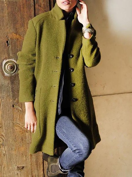 

Casual Plain Woolen Coat With Lapel Collar, Green, Coats