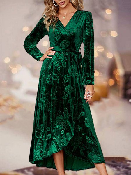

Elegant Cotton-Blend V Neck Dress, Green, Midi Dresses