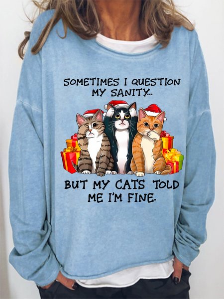 

Women Funny Sometimes I question my sanity but my cats told me I’m fine Cat Santa Christmas Sweatshirt, Light blue, Hoodies&Sweatshirts