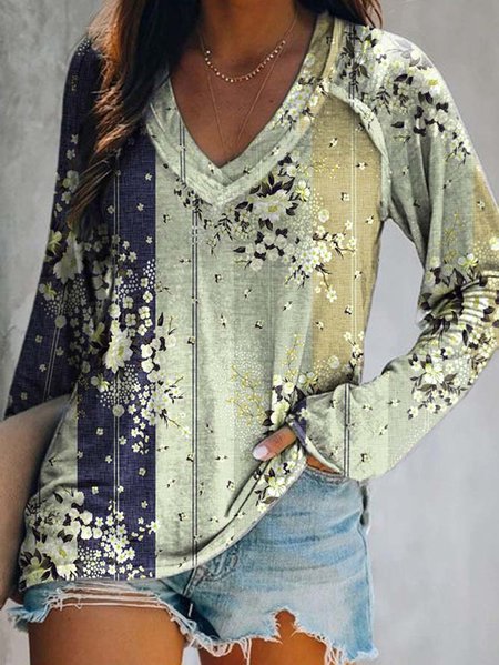 

Long sleeve V Neck Floral Casual T-Shirt, Khaki, T-Shirts