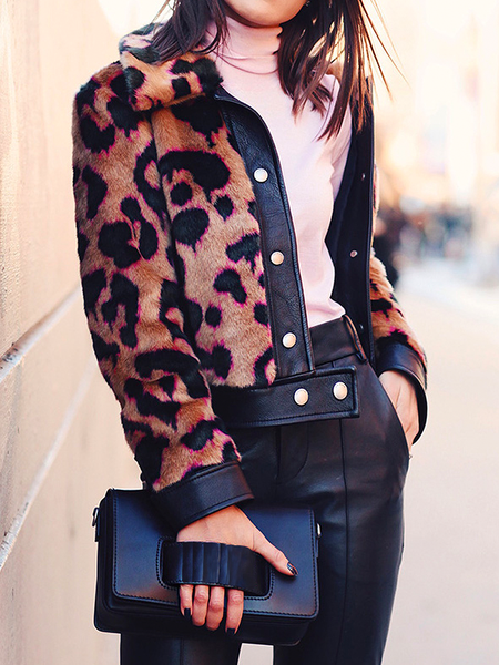 

Loose Urban Shirt Collar Long sleeve Teddy Jacket, Leopard, Coats