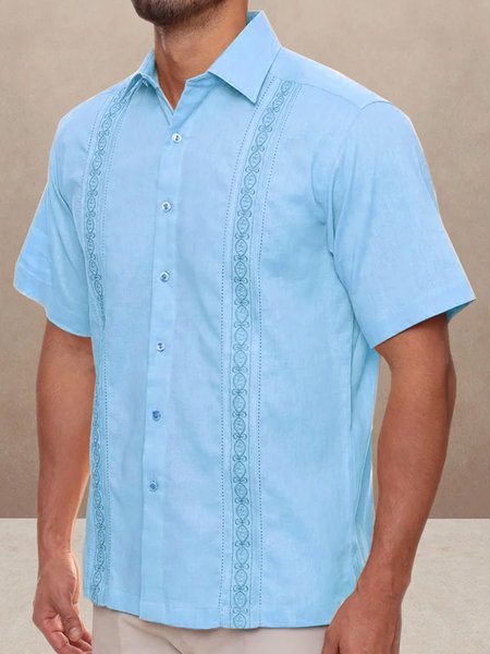 

Cotton Linen Embroidered Pattern Short Sleeve Shirt, Blue, Short Sleeve Shirts
