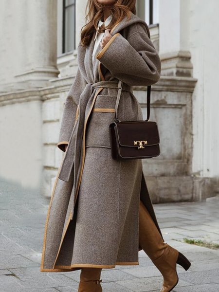 

Color Block Loose Urban Long Sleeve Overcoat, Khaki gray, Coats