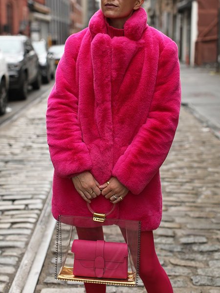 

Urban Plain Loose Mid-long Teddy Jacket, Deep pink, Coats