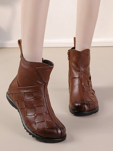 

Womens's Braided Warm Lined Cowhide Leather Boots, Brown, Boots