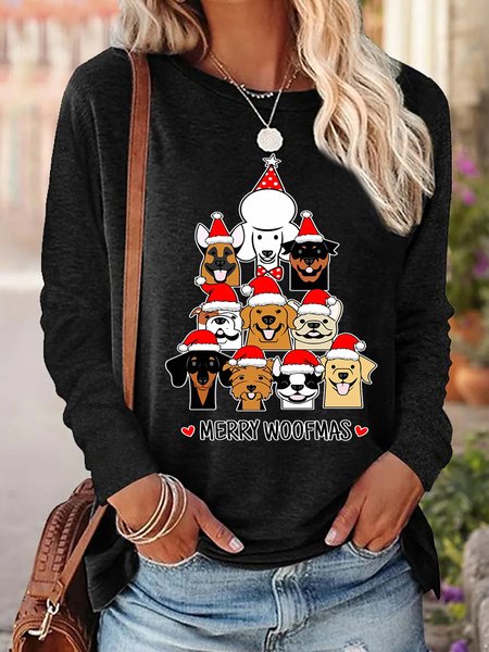 

Women Funny Dog Christmas Simple Cotton-Blend Top, Black, Long sleeves