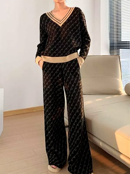 V Neck Geometric Two-Piece Set, Black, Suit Set