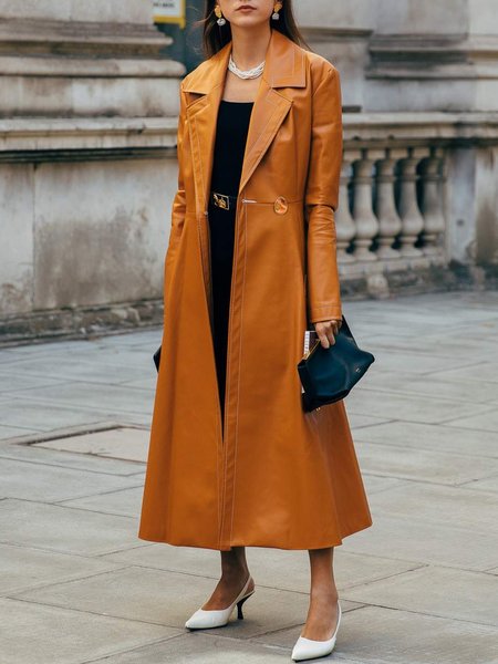 

Plain Urban Lapel Collar Regular Fit Overcoat, Yellow brown, Coats