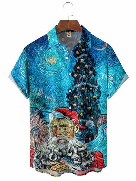 

Christmas Van Gogh Starry Night Chest Pocket Short Sleeve Casual Shirt, Blue, Men Shirts
