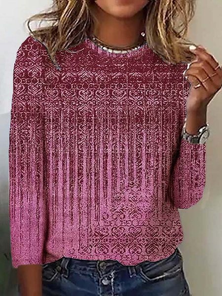 Ethnic Crew Neck Casual T-Shirt, Pink, T-shirts