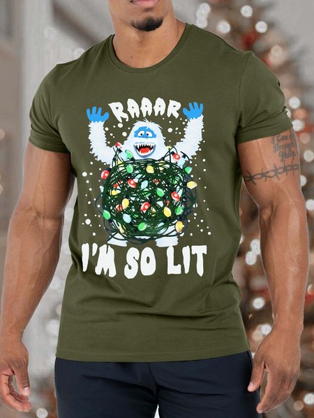 

Men Merry Christmas Raaar I’m So Lit Orangutan Casual Crew Neck Cotton T-Shirt, Dark green, T-shirts