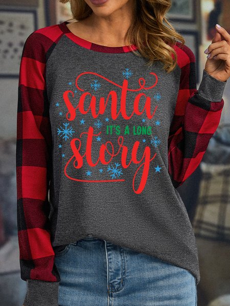 

Lilicloth X Kat8lyst Santa It's A Long Story Women's Christmas Long Sleeve Buffalo Plaid T-Shirt, Gray, Long sleeves
