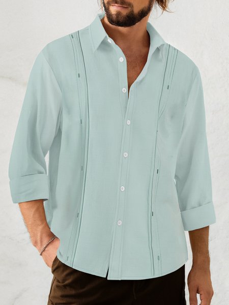 

Pleated Embroidered Lapel Long Sleeve Shirt, Blue, Long Sleeve Shirts