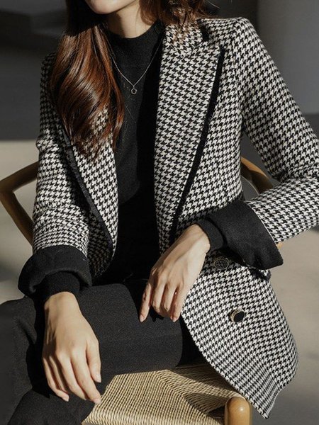 

Daily Long sleeve Lapel Collar Houndstooth Blazer, Black, Blazers