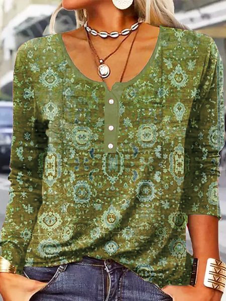 

Vintage Printed Long Sleeve Loose T-Shirt, Green, Long sleeves