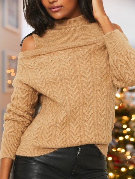 

Wool/Knitting Loose Half Turtleneck Sweater, Khaki, Sweaters