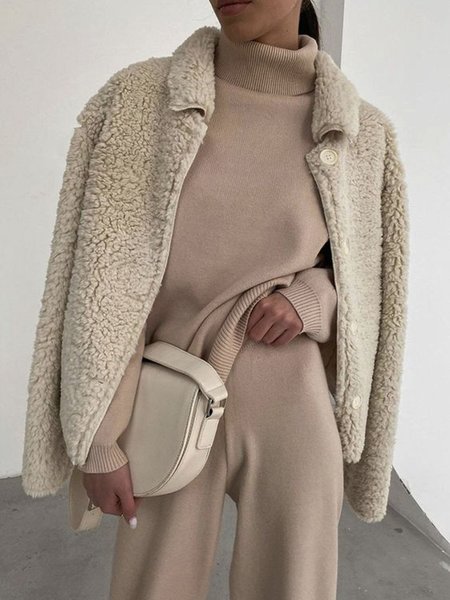 

Daily Long sleeve Simple Shawl Collar Teddy Jacket, Apricot, Coats