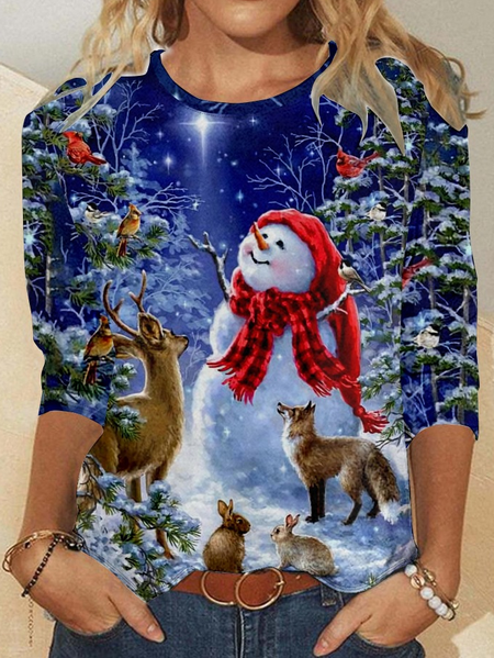 

Womens Christmas Snowman Reindeer Crew Neck Top, As picture, Long sleeves