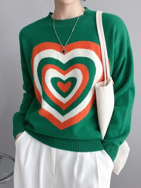 

High Elasticity Crew Neck Long sleeve Loose Sweater, Green, Pullovers