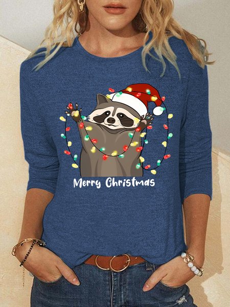 

Merry Christmas Raccoon Women's Long Sleeve T-Shirt, Blue, Long sleeves