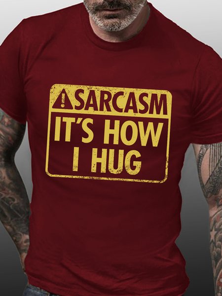 

Mens Sarcasm It Is How I Hug Funny Graphic Print Text Letters Casual Cotton T-Shirt, Red, T-shirts