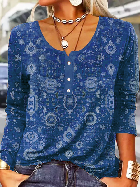 

Vintage Printed Long Sleeve Loose T-Shirt, Blue, T-shirts