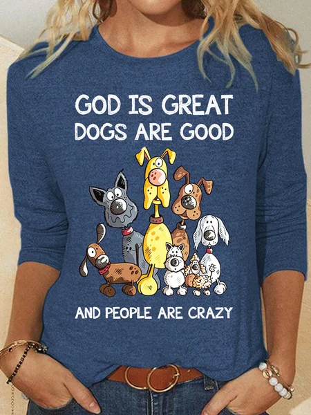 Womens Dog Lover Letters Top, Blue, Long sleeves