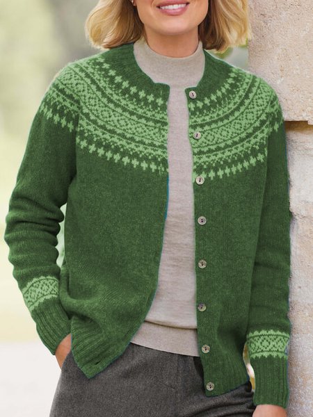 

Ethnic Wool/Knitting Crew Neck Sweater Coat, Green, Cardigans