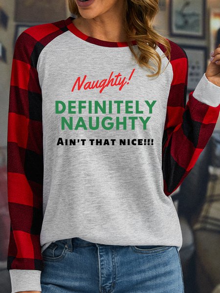 

Lilicloth X Kat8lyst Naughty Definitely Naughty Ain't That Nice Women's Christmas Long Sleeve Buffalo Plaid T-Shirt, White, Long sleeves