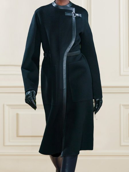 

Elegant Plain Crew Neck Piping Overcoat, Black, Coats