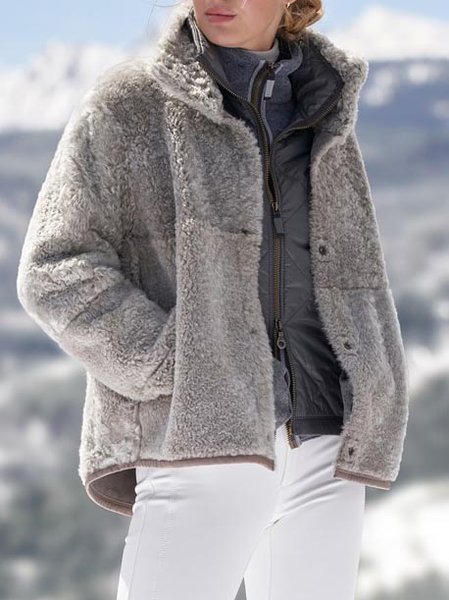 

Plain Fluff/Granular Fleece Fabric Casual Teddy Jacket, Gray, Outerwear