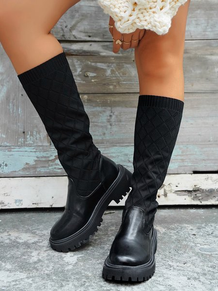 

Plus Size Plain Mesh Fabric Split Joint Chunky Heel Sock Boots, Black, Boots