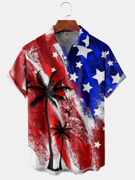 

American Flag Chest Pocket Short Sleeve Shirt, Red, Men Shirts