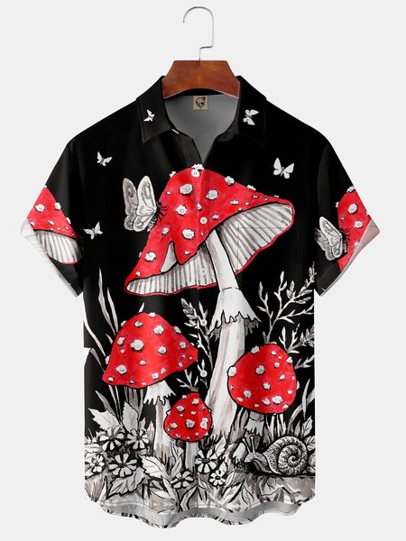 

Hippy Mushroom Chest Pocket Short Sleeve Shirt, Black, Men Shirts
