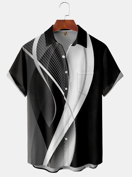 

Art Contrast Chest Pocket Short Sleeve Shirt, Black, Men Shirts