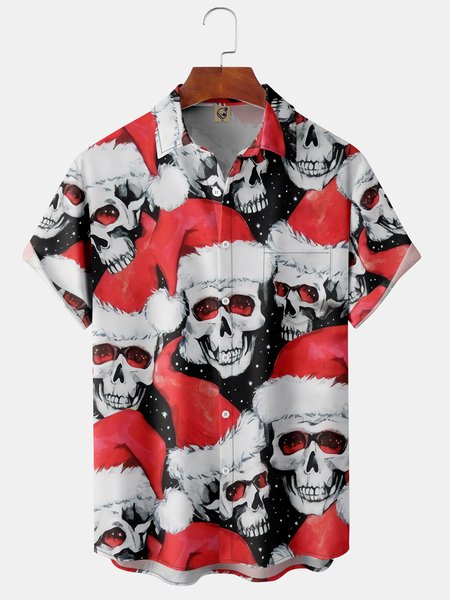 

Christmas Skull Chest Pocket Short Sleeve Shirt, Red, Men Shirts