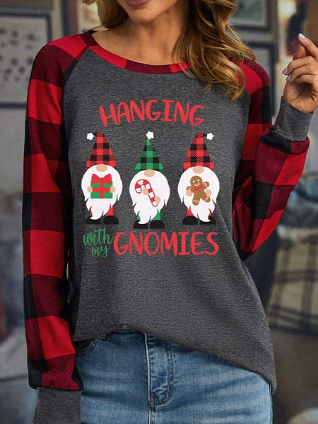 

Hanging With My Gnomies Christmas Women's Long Sleeve Buffalo Plaid T-Shirt, Gray, Long sleeves