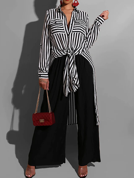 

Loose Striped Urban Shirt Collar Long sleeve Mid-long Blouse, Black, Blouses and Shirts