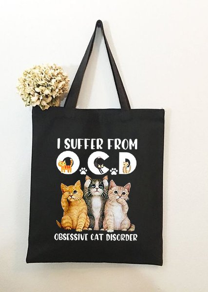 

I Suffer From Ocd Obsessive Cat Disorder Animal Graphic Shopping Tote Bag, Black, Bags