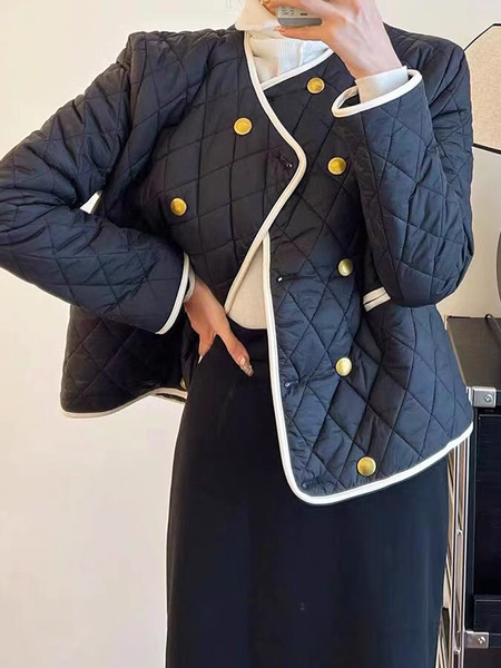 

Loose Crew Neck Long sleeve Fleece Color Block Coat, Black-white, Others