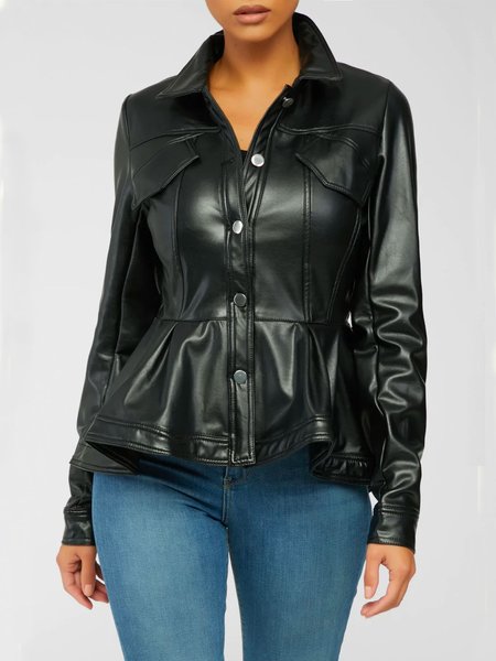 

Plain Regular Fit Long Sleeve Shirt Collar Jacket, Black, Jackets