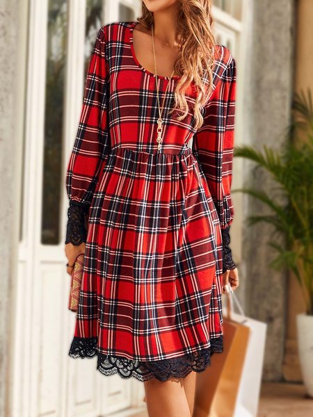 

Crew Neck Casual Lantern Sleeve Dress, Red, Dresses