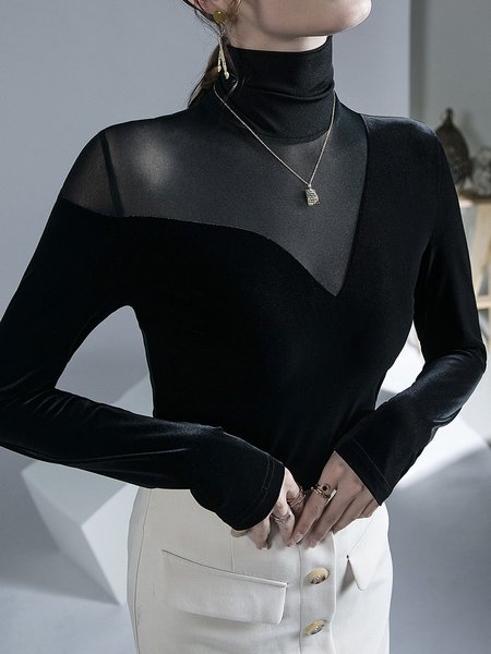

Turtleneck Plain Long sleeve Daily Regular Fit T-Shirt, Black, Tees