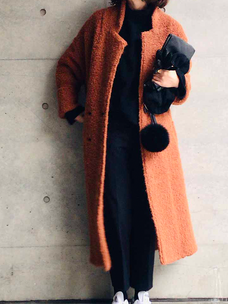 

Loose Urban Plain Loose Lapel Collar Long sleeve Long Overcoat, Orange, Coats