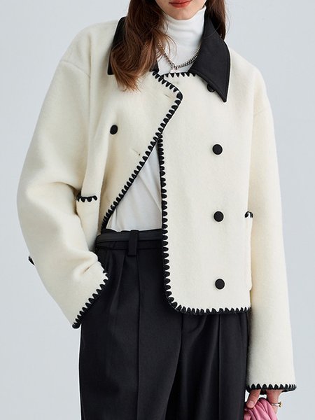 

Shirt Collar Elegant Loose Piping Color Block Jacket, White, Jackets