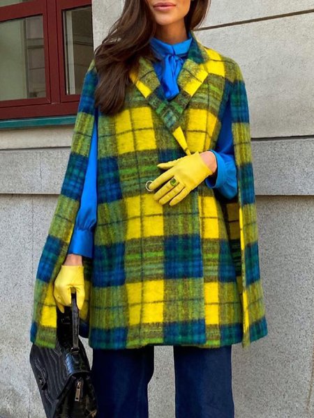 

Lapel Collar Elegant Plaid Overcoat, Yellow, Coats