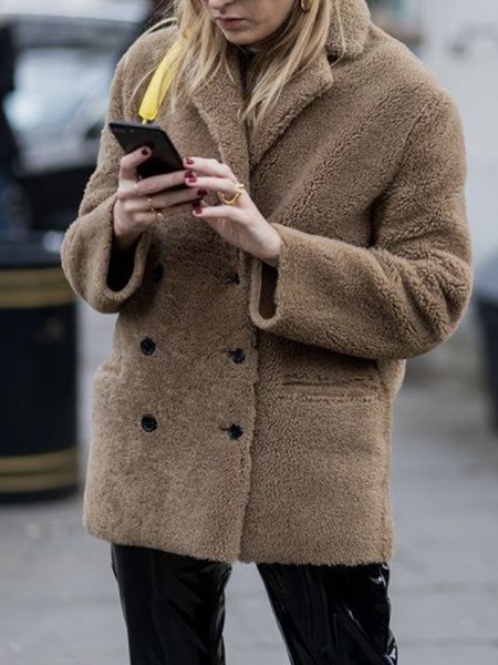 

Lapel Collar Long sleeve Regular Fit Urban Teddy Jacket, Brown, Coats